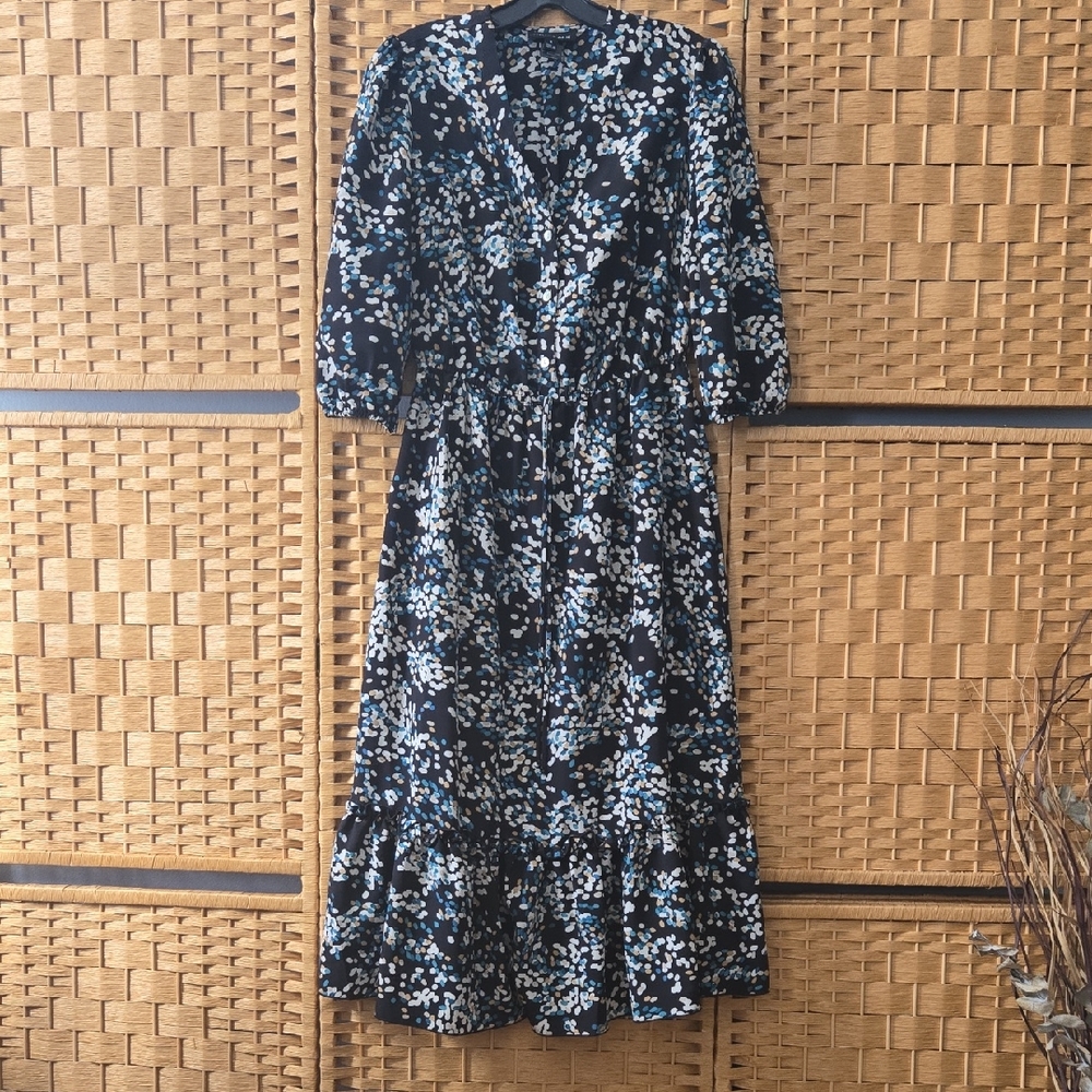 Black Floral Midi Dress with Blue and White Print and V-Neck